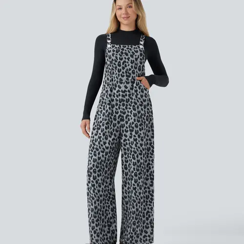 Halara Leopard Print Waffle Casual Overalls with Pockets