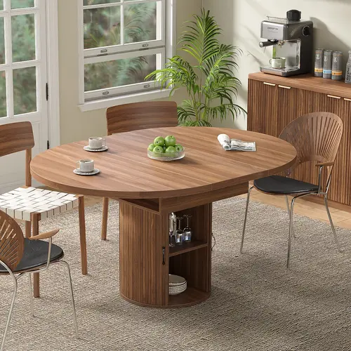 FUSOU Extendable Round Dining Table with Hidden Storage - 43.3"-59" Expand, Farmhouse Look, Wood Slide Door Cabinet for Tableware, Home Decor, Fits 4-6-8 People, Walnut for Dining Room Kitchen Apartment