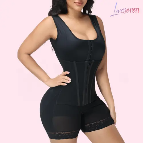 LUXSEREN Women's Seamless V-Neck Fitted Body-Hugging Shapewear Bodysuit - Zip Up Chest Support, Wireless Lift, Abdominal Compression, BBL Effect, Belly Control, Booty Lifting, Zipper Crotch, Body Contouring Compressed Shapewear Bodysuit