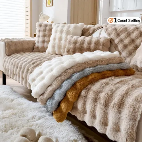 1-Piece Solid Color Fluffy Sofa Cover, Shaggy Wavy Plush Non-Slip Couch Protector, Pet-Friendly Machine-Washable Sofa Pad for Cozy Winter Living Room Decor