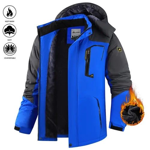 JOGWAVE Men’s Long Sleeve Hooded Fleece-Lined Winter Snow Jacket - Polyester, Windproof, Wind-Block, Snowproof, Water-Resistant, Machine Washable, Adjustable Velcro Cuffs, Sleeve Label Design, Multiple Pockets, Casual, Suitable for Skiing, Winter Hiking