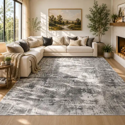 YIHOUSE Neutral Vintage 8'x10' Fully Washable Decorative Rug - Abstract Gray Oil Painting Home Decor Item, Stain-Resistant, Waterproof, Soft, Pet-Friendly, Anti-Slip Support, Area Rug Cleaning Compatible for Living Room, Bedroom