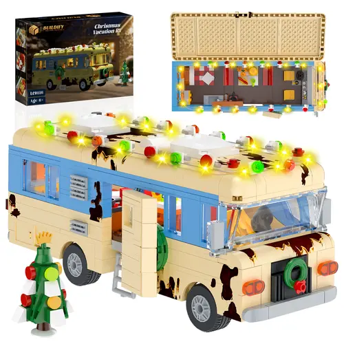 【Black Friday】BUILDIFY Christmas RV Building Set, 532-Piece Light-Up Camper Kit with Openable Roof, Detailed Interior, Holiday Village Display Decor