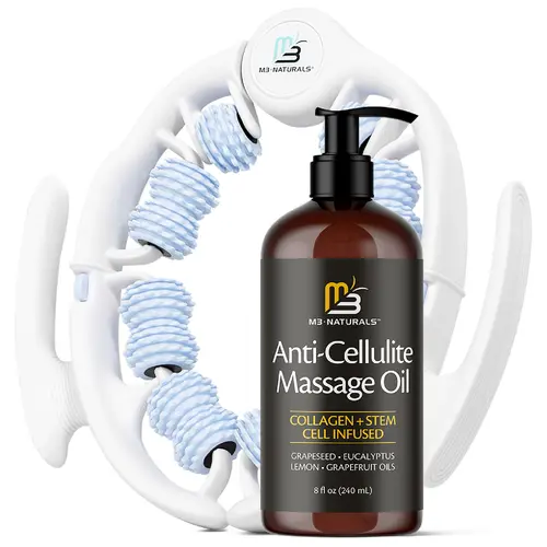 Anti Cellulite Oil and Lymphatic Drainage Massager Kit | Fascia Blaster for Contoured & Smoother Skin | Muscle Roller for Sore Arms, Legs, and Stomach, 8 fl oz by M3 Naturals Skin Tightening Oil Body Oil Set Firming Oil Body Care