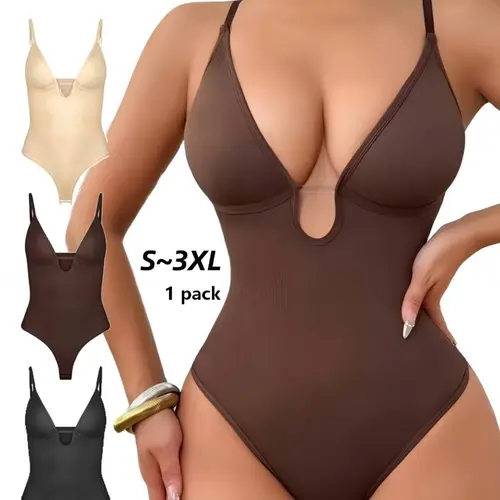 Women's Shapewear Deep V Thong Spaghetti Strap Abdomen Control Bodysuit, Smooth Slimming Underwear, All-Season Comfortable Basic, S~xxxl Size, Sexy Style, Womenswear
