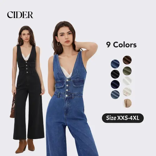 Cider Denim V-neck Button Pocket Wide Leg Jumpsuit Overalls