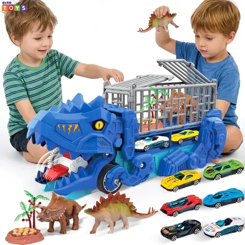 deAO T-Rex Dinosaur Car Carrier Truck Toy for Kids, Dinosaur Truck with Car Eating Action, 6 Mini Racing Cars, 2 Dinosaur Figures and Accessories, Dinosaur Vehicle Playset, Birthday Christmas Gifts for Boys Girls