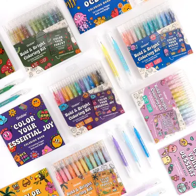 Grabie Bold & Bright Coloring Kit, 12-Color Acrylic Gel Pen & Coloring Book, DealsForYouDays