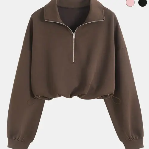 Women's Half-Zip Stand Collar Adjustable Drawstring Elastic Short Cropped Fitted Sweatshirt, Cute Cozy Sweatshirt, Comfortable, Casual and Stylish Pullover for Spring & Fall