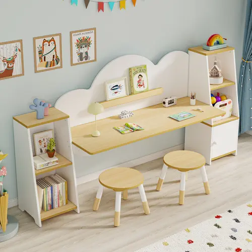 Modern Kids Twin Bedroom Furniture Set - White & Natural Wood 47" Wide Desk with 3-Shelf Cabinet, Door-Shelves Tidy, 10" Cloud Back Stool, Fits Laptops for Homework, Indoor Bedroom Use
