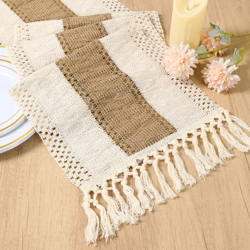 30x180cm Natural Burlap Rectangle Table Runner with Tassel Trim - Modern Farmhouse Rustic Macrame Table Linen, Kitchen Party Baby Shower Birthday Decor, Do Not Bleach, Home Supplies