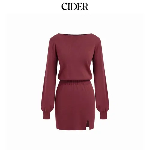 Cider Knit Boat Neck Long Sleeve Split Mini Dress