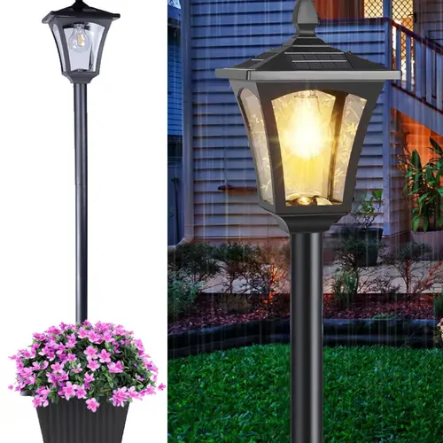 HOODINK Cordless Solar Lamp - 65in Frost Glass&Aluminum Outdoor Lantern with Built-in Planter, 20% Solar Convert, 60 Lumens, Waterproof, 6.59 lbs, 6-8H Runtime, Patio Landscape Decor