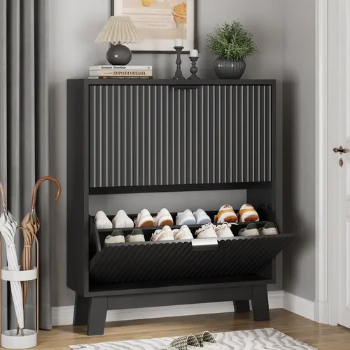 Black Freestanding Fluted Narrow Shoe Storage Cabinet - Engineered Wood, 2 Hidden 2-Layer Flip Drawers with Keys+Wallet Space, Wooden Legs, 12-16 Pair Hold, 13" Capacity, 9.5" Depth, Wall-Anchor Secure, Slim Vertical Space-Saving Entryway Organizer