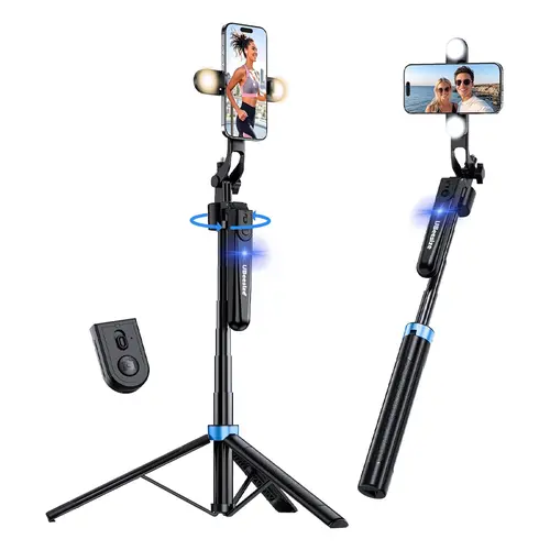UBeesize 70in Aluminum AI Auto 360° Face Tracking Selfie Tripod Stick - Foldable Lite, Adjustable Extendable, Travel-Ready Handheld Kit with Fill Light, Detachable Mini Tripod, Remote Control, Smartphone Mobile Mount for Vlog Live Streaming