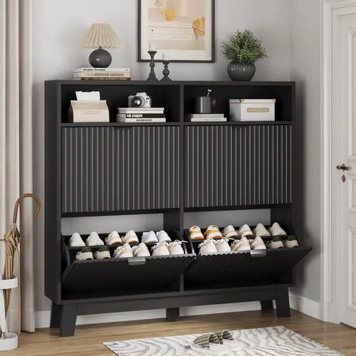Mid Century Freestanding Slim Wood & Engineered Wood Shoe Cabinet - Fluted Panels, 4 Hidden Flip Drawers, Narrow Design, Wooden Legs, Top Cubby, Adjustable Shelves, Dorm-Apt Storage, Fits 13" Shoes, Durable Entryway Storage,