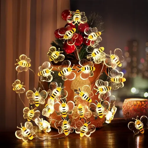 Hoodink Cute Copper Honey Bee String Fairy Lights, 2pcs 20-LED Battery-Operated Waterproof Novelty Lights (3 AA Batteries, Acrylonitrile Butadiene Styrene), Atmospheric Lighting, Ornaments, Party Decoration Supplies for Teen Girls, Dresser Living Room Use