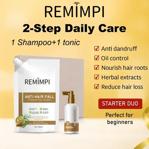 REMIMPI Gentle Plant Haircare Anti-Hair-Loss Starter Set - 1 Shampoo + 1 Growth Tonic, 2-Step Routine for Strengthening & Thicker Looking Hair (300 ml + 50 ml),sohochic