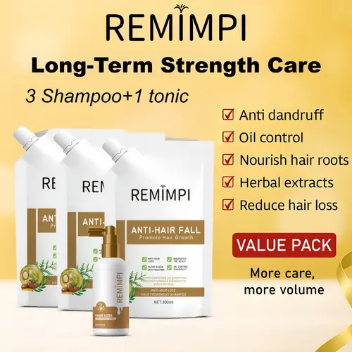 REMIMPI Long-Term Hair Care Pack - 3 Herbal Cleansing Anti-Dandruff Thinning Hair Shampoos + 1 Gentle Tonic, Sustained-Result System (300ml x 3 + 50ml), Anti Dandruff Shampoo, Haircare,sohochic