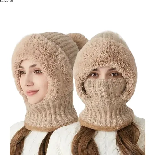 Women's Fitted Pom Pom Beanie Hat - Soft Thick Knit Winter Cap with Heart Design, One-Size (56cm/22in-60cm/23.6in), Machine Washable, Warm Outdoor & Commute Cold Weather Accessory for Females