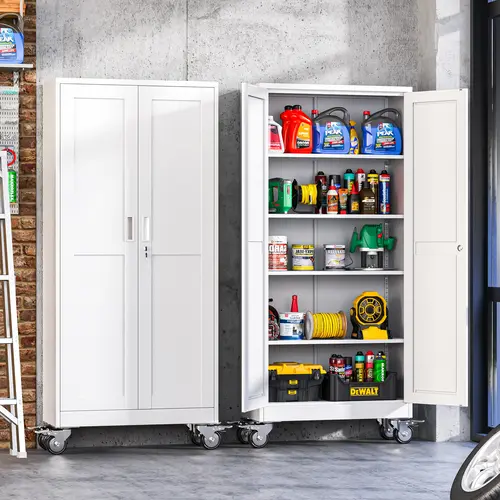 71" Tall Metal Garage Storage Cabinet with Wheels and Locking Doors and Tall Rolling Steel Tool Cabinet with 5 Adjustable Shelves for Garage,Home,Office,Shop