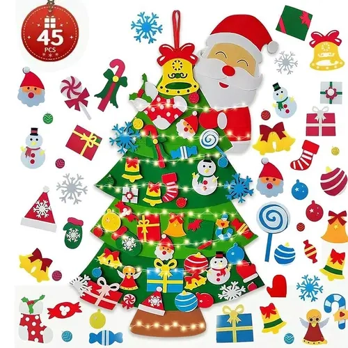 Felt Artificial Christmas Tree Set - Christmas Decorations 2025 with 45 Detachable Ornaments & LED Lights | DIY Wall Hanging Kit for Kids, Christmas gifts, Christmas party,Home Party Gift