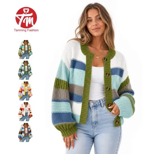 Tanming Womens Colorblock Striped Cardigan Crew Neck Button Down Lantern Sleeve Knit Sweater Coat Spring Fall Winter Outdoor Travel Streetwear Casual Daily Workwear