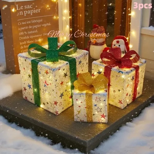 3 Piece Christmas Light Gift Box Set with Remote Control, Festive Ribbon Decorations, Indoor Outdoor Use, Warm Glowing Lights