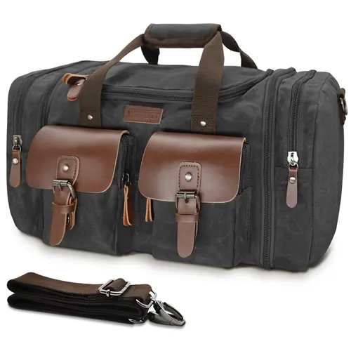 Wildroad Men's Waterproof Waxed Canvas & Genuine Leather Duffle Bag - 50L Expandable, Lightweight Travel Luggage, Multifunctional Portable Bag, (L)20.8x(W)10.2x(H)11.8 Inches, Vintage Weekender Overnight Carry-On, Personalized Father's Day Gift