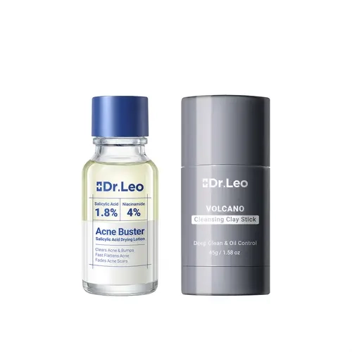 Dr.Leo Vegan Acne Treatment Set - Volcanic Charcoal Clay Mask Stick, Lightweight Salicylic Acid Niacinamide Spot Lotion for Sensitive Acne-Prone Skin (Detox, Pores, Pimples, Blackheads, Oil Control, Dark Spot Remedy, Redness Soothing) Face Care Products