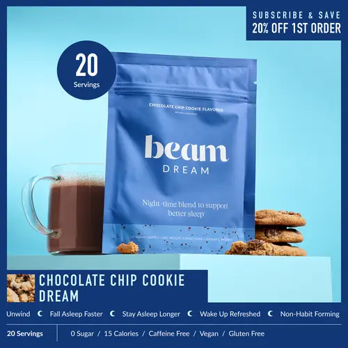 Beam Dream Clean Low Calorie Sugar Free Vegan Nighttime Hot Cocoa Milk Powder Supplement - 20 Servings, Chocolate Chip Cookie Flavor, Sleep Aid, Melatonin, L-Theanine, Magnesium, Third-Party Tested, Selfcare Health Wellness Product