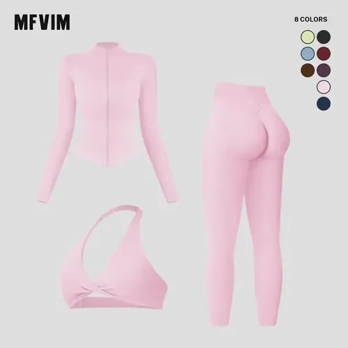 MFVIM Women's 2-Piece Sporty High Stretch Yoga Clothes Set - Solid Criss Cross Crop Tank Top, High Waist Leggings, Zip Up Crop Jacket, Breathable Spandex Sweat Suits for Yoga, Gym