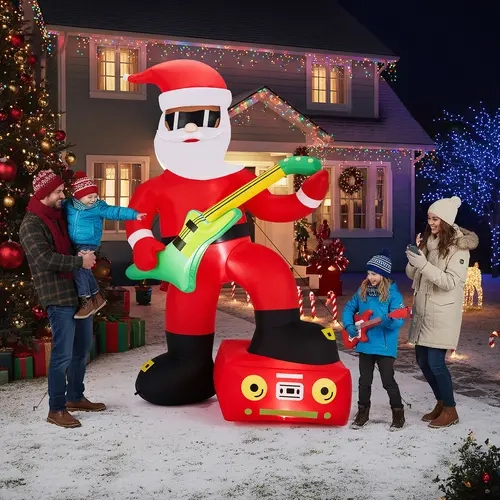 7.5FT Lighted Plastic Christmas Inflatable Backdrop, Waterproof Magical Black Santa Guitar Player Decoration with Built-In LED Lights, Polyester Fabric Electric Blow-Up Photo Ornament for Front Yard Lawn
