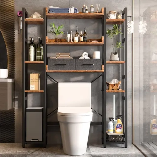 Cyclysio Durable MDF Wood Freestanding Over-The-Toilet Rack - 2 Drawers, 11-Tier Setup, Adjustable Shelves, 4 Towel Hooks, Fits Most Toilet Lids, Maximizes Vertical Space, Assembly Required, Bathroom Accessories