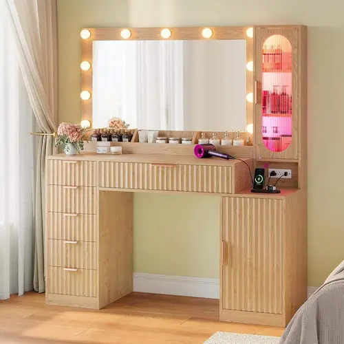 Sikaic Fluted Makeup Vanity Desk with Large 31.5" Mirror and Lights, 46.1" Wood Vanity with Charging Station & RGB Lights, Dressing Table with 6 Drawers & Cabinet & Shelves, Home Furniture Christmas Gifts cozy home familyfun [TikTokShopblackfriday]