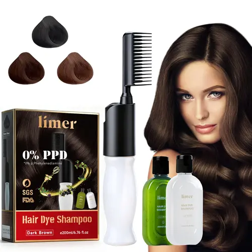 Limer 6-in-1 Easy Comb-In Hair Dye Shampoo, PPD-Free, Ammonia-Free, Gray Coverage, Herbal Ingredients, Natural Hair Health, Easy Application