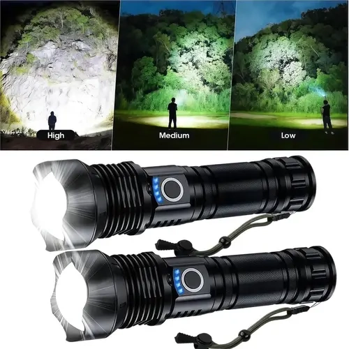 Buy 1 Get 1 Free Adjustable Waterproof USB-C Rechargeable Aluminum Alloy Handheld LED Flashlight Set (2 Pieces) - 90000 Lumens, 5-Mode High-Power Emergency Worklight for Camping, Hiking, Adjustable Waterproof Flashlight