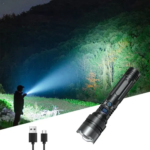 Qawtor 2-in-1 USB Rechargeable LED Flashlight - 3.7V, USB Port, Phone Charging, Super Bright, Zoomable, Men’s Tools and Gadgets for Camping, Fishing Emergencies, Led Lights
