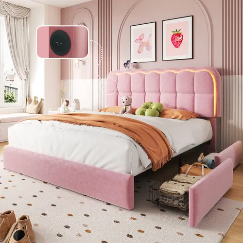 TryLazy Modern LED Bed Frame with 4 Big Drawers & Charging Station Luxury Upholstered, No Mattress, No Noise, No Box Spring Needed, APP Adjustable Light