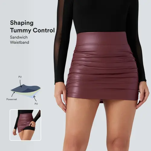 Halara High Waisted Tummy Control Ruched Curved Hem 2-in-1 Fleece PU Mini Bodycon Skirt