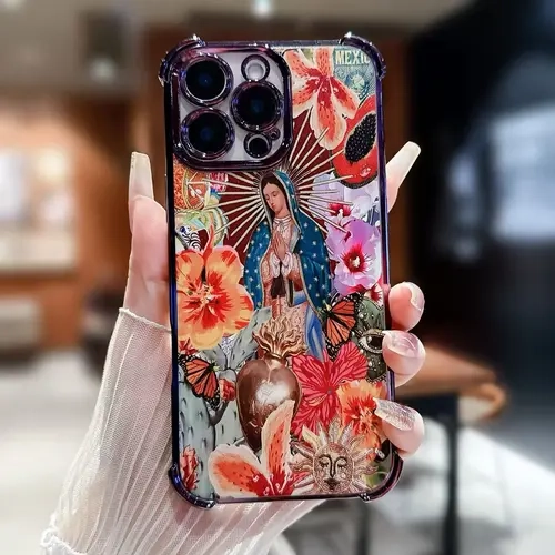 Virgin Mary Themed Electroplated Finish TPU Cellphone Casing - 4-Corner Airbag Shockproof, Anti-Drop Protective Cover, Accessories for iPhone 17,16,15,14,13,12,11 & More Devices, Ideal Gift for Adults