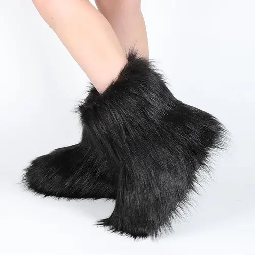 OOW Women's Fluffy Faux Fur Boots Y2K Fashion Design Non-Slip Warm Round Toe Suede Mid-Calf Boots for Outdoor Indoor Walking Shoes Brown Black Pink White