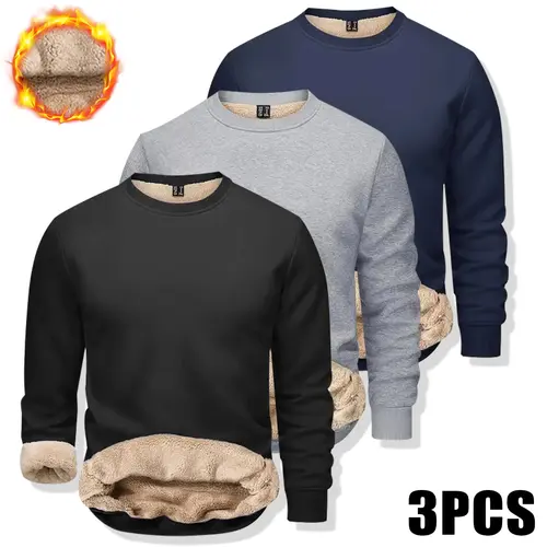 3-Pack,Men's Fleece-Lined Warm Pullover Sweatshirt , LongSleeve, Round Neck for Fall/Winter Comfort, FleeceSweatshirt