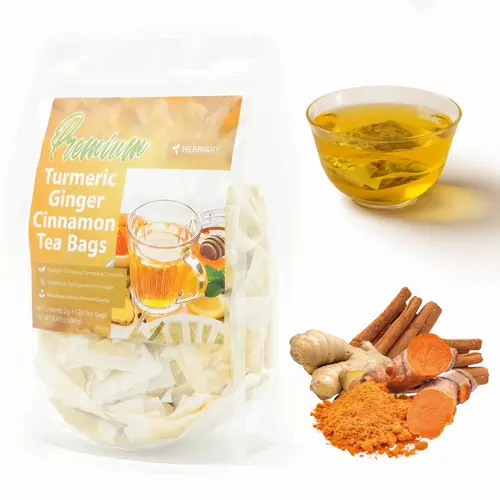 Herbiary Organic Turmeric Ginger Cinnamon Herbal Tea Bags - Organic Tea, 240g (120 Cups), 100% Natural Eco-Friendly, Anti-Inflammatory Digestive Beverage, Keto-Friendly, Sugar-Caffeine-Gluten-Free, Vegan Remedy