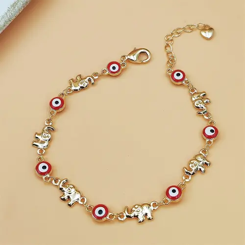 Women's Ethnic Sports Wristband - Fashion Accessories Metal Link Bracelet, Decor Bracelet with Adjustable Clasp Gold Chain, Bohemian Red-Eye Elephant Charm, Jewelry for Everyday Outfits