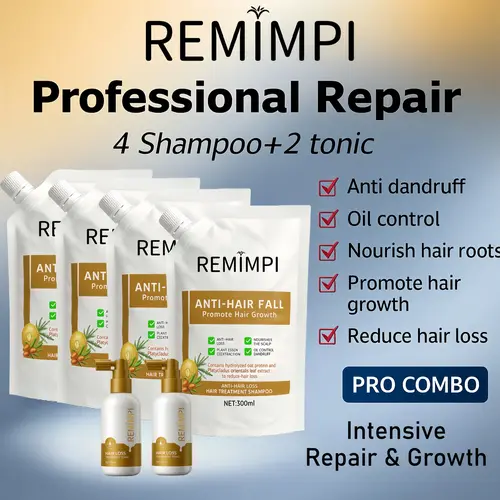REMIMPI Intensive Repair Set – 4 Anti-Hair Fall Shampoos + 2 Hair Growth Tonics | Advanced Herbal Formula for Damaged Scalp & Thinning Hair | 300ml + 50ml summerwins