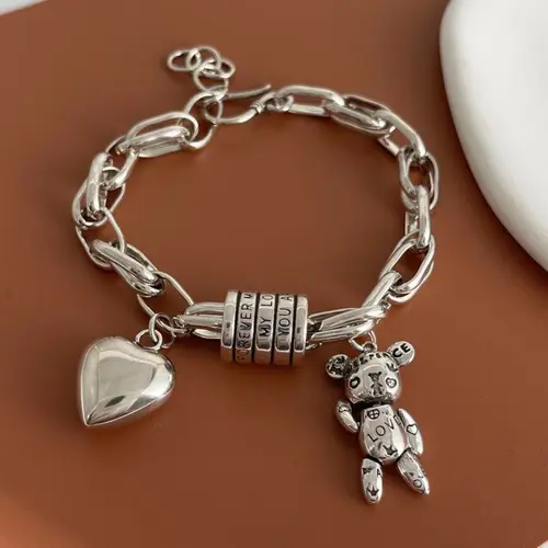 Unisex Retro Handmade Solid Heart Charm Sports Wristband - Bold Chic Stainless Steel Bracelet with Charms, Tarnish Proof Jewelry, Ideal Birthday Gift for Women, Daily Style Accessory, Heart Shaped Bracelet
