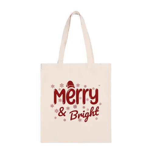 Christmas Themed Printed Canvas Tote Bags - Merry & Bright Design for Festive Shopping and Gifts