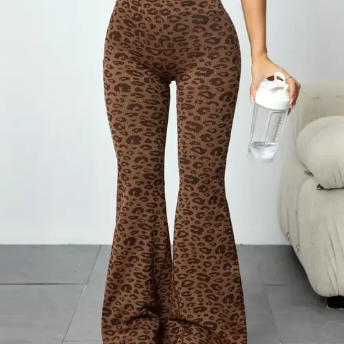 Women's Leopard Print Seamless Knit Flared Pants, High Waist Butt Lifting Yoga Training Pants, Sporty Fashion Casual Wear, Flared Yoga Bottoms, Workout Clothes Women