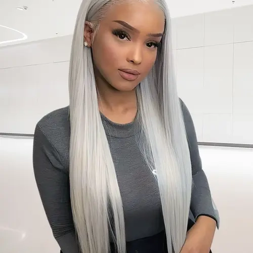 Silver Grey Synthetic Lace Front Wigs Straight Natural Density Preplucked Hairline 13x4 HD Transparent Lace Wig Lace Frontal Wigs for Party Christmas Halloween 28 Inch High Quality Wigs